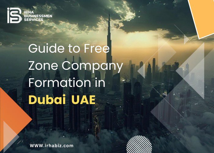 Illustration showing step-by-step guide for free zone company formation in Dubai, UAE