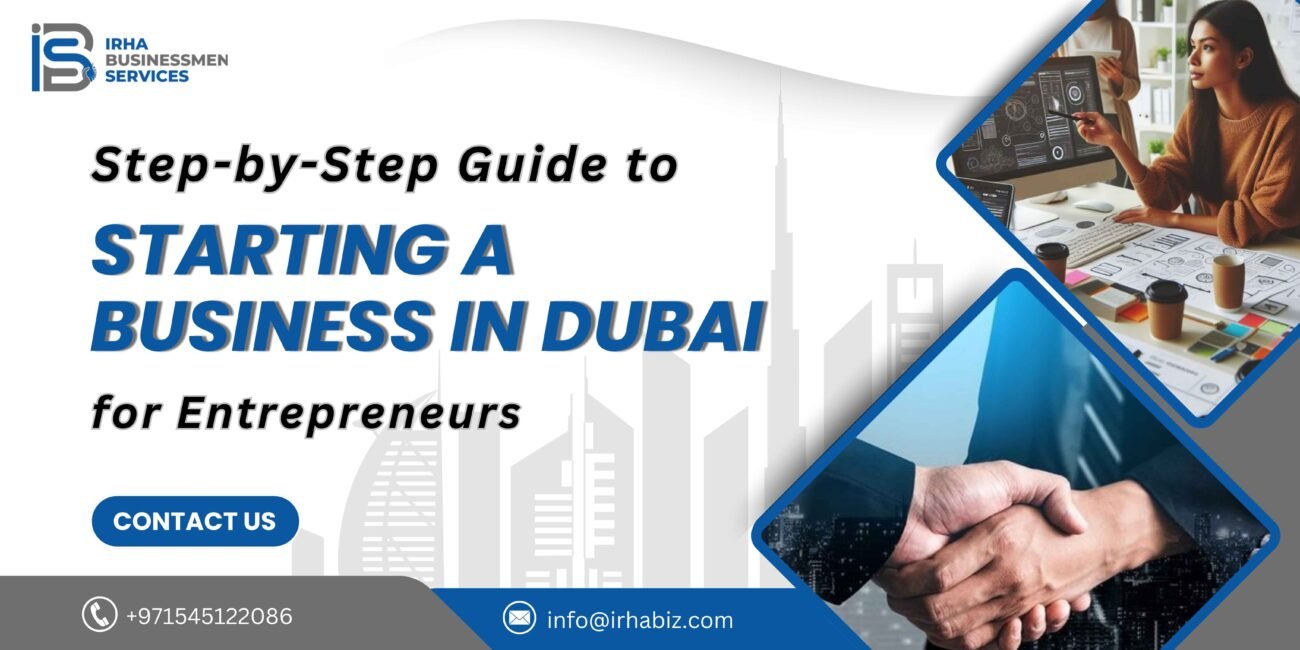 Entrepreneurs discussing strategies for starting a business in Dubai with a modern city skyline in the background.